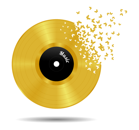 Abstract gold vinyl record with butterfliesの写真素材