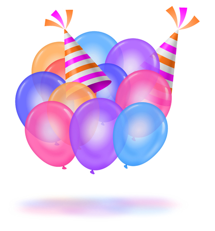 Colorful balloons and hats, celebration or anniversaryの写真素材