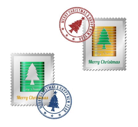 Abstract Christmas tree on a postage stamp, set on a white backgroundの写真素材