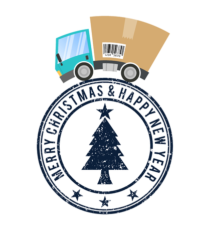 Stamp merry christmas, delivery truck with cardboard box, speed motionのイラスト素材