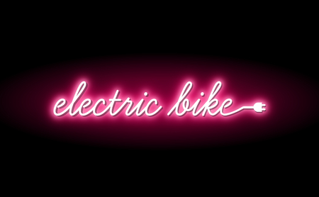 Neon text electric bike and socket, ecology transportの写真素材