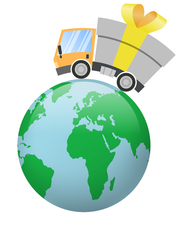 Delivery truck with gift box merrry christmas, speed motion and globeの写真素材