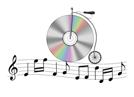 Retro compact disc music bicycle in music notesの写真素材