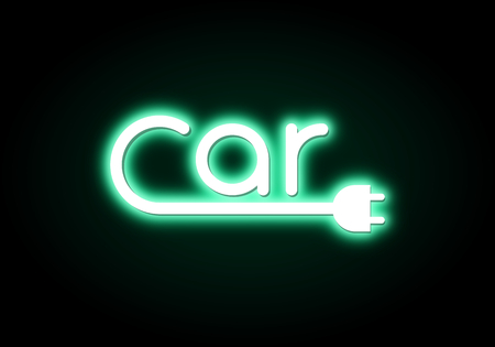 Neon text electric car and socket, ecology transportの写真素材