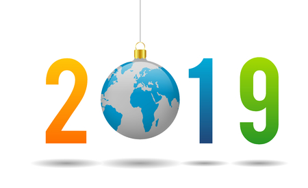 2019 Happy New Year, abstarct christmas ball, earth planet world globe mapの写真素材