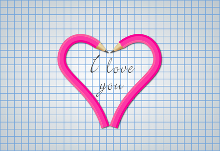 Color pencil shape heart and paper background, text I love youの写真素材