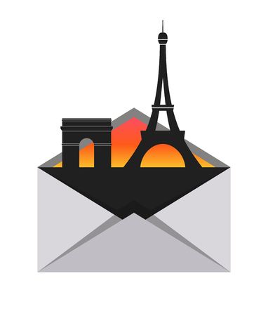 Eiffel Tower and Arc de Triomphe in envelope, concept travelのイラスト素材