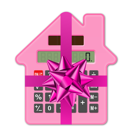 Calculator House and ribbon as gift, concept investmentの写真素材