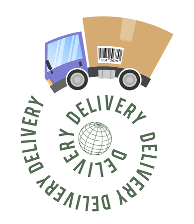 Delivery truck with cardboard box, text on a spiral and globe, concept e-commerceのイラスト素材