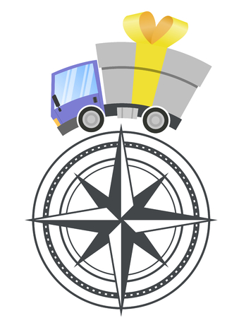 Delivery truck with gift box merrry christmas and compass, vector illustrationのイラスト素材