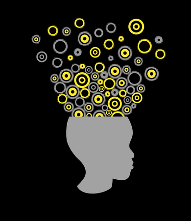 Silhouettes of African girls and flying gears, illustration black backgroundのイラスト素材