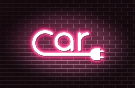 Neon text electric car and socket, brick wall, ecology transportの写真素材