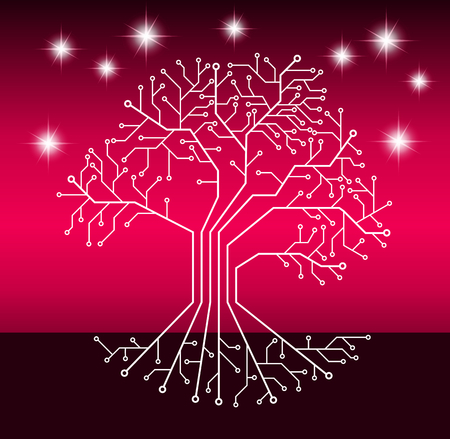 Printed circuit shape tree and root, purple mystery landscapeの写真素材