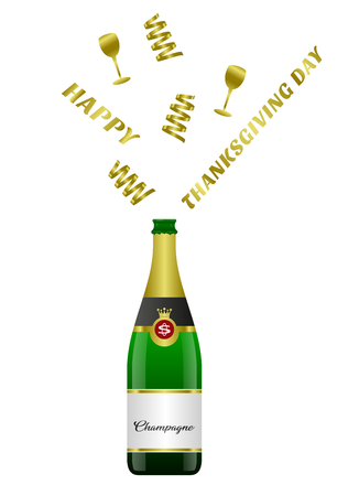 Champagne bottle explosion and wine glass, celebration of the thanksgiving dayの写真素材