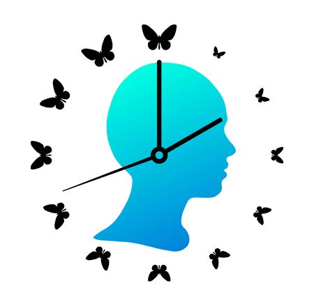 Silhouette of the girl head and wall clock with butterfliesのイラスト素材