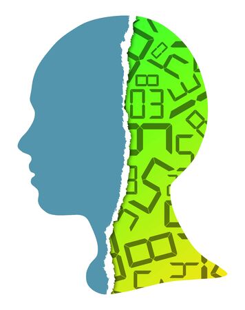 Silhouette of human head, digital numbers, torn paperの写真素材