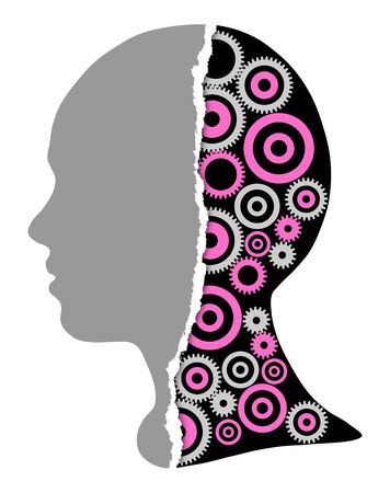 Silhouettes of girls and abstracr gears and tor paper, illustration white backgroundの写真素材