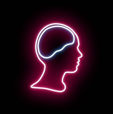 Silhouette of human head and brain, neon line portraitの写真素材