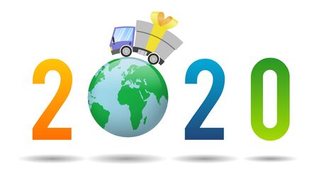 2020 Happy New Year, abstarct globe and delivery truck with gift boxの写真素材