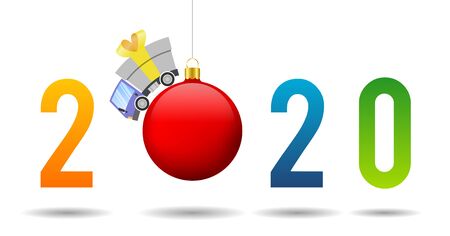 2020 Happy New Year, aabstarct christmas ball and delivery truck with gift boxの写真素材