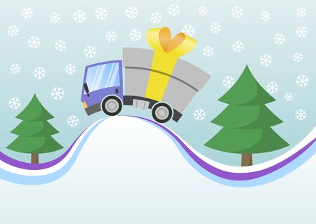 Delivery truck with gift box merrry christmas and winter landscapeのイラスト素材