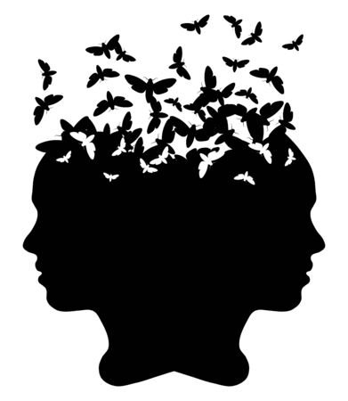 Black silhouette of a girl with moth, vector illustrationのイラスト素材