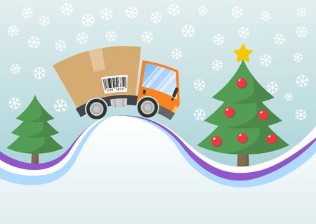 Delivery truck with cardboard box merrry christmas and winter landscapeのイラスト素材