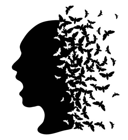 Black silhouette of a girl with moth, vector illustrationのイラスト素材