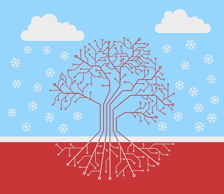 Printed circuit like tree with root, snow landscapeのイラスト素材