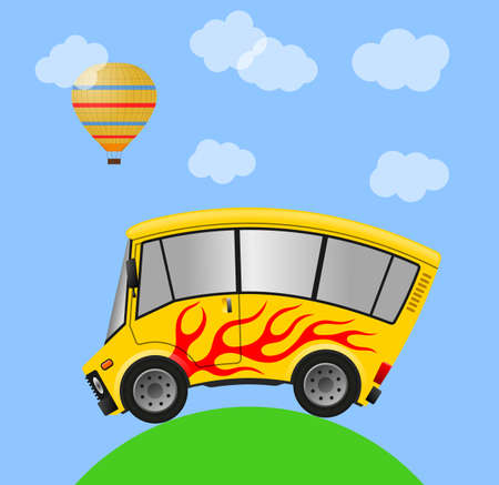 Travel minibus with flames in landscape, illustrationの写真素材