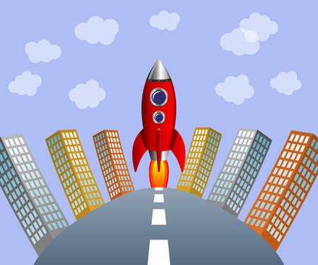 Rocket in city, cartoon illustrationの写真素材