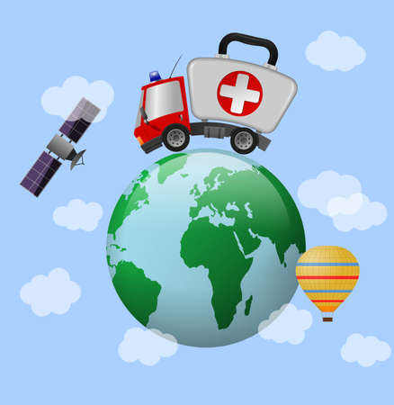 Ambulance car emergency auto as first aid kit and globeの写真素材