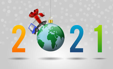 2021 Happy New Year and delivery truck with gift box and christmas ball globe, illustrationの写真素材