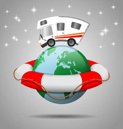 Caravan car confort travel on holiday, globe and Lifebuoyの写真素材
