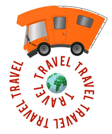 Caravan car confort travel on holiday, speed motion, globe ball and text on a spiralの写真素材