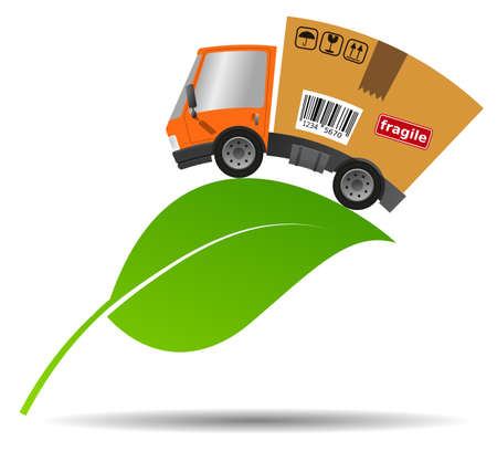 Delivery truck with cardboard box and leaf, concept ecology and environment vector illustrationのイラスト素材