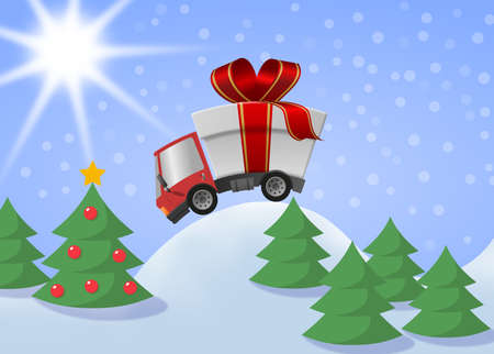 Delivery truck with gift box merrry christmas and winter landscapeの写真素材