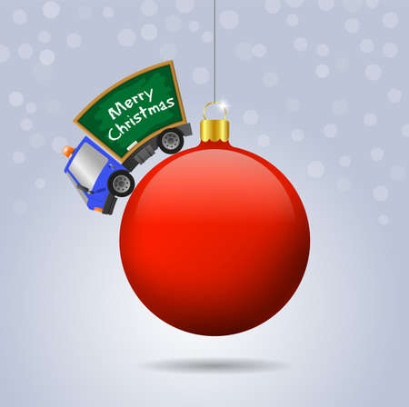 Car and school chalkboard and Christmas ball, text Merry Christmasの写真素材