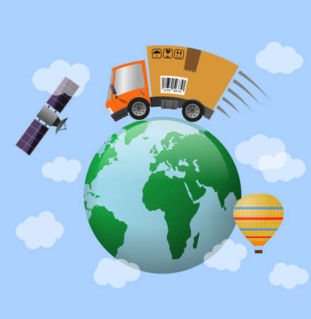 Delivery truck with cardboard box speed motion and globeの写真素材