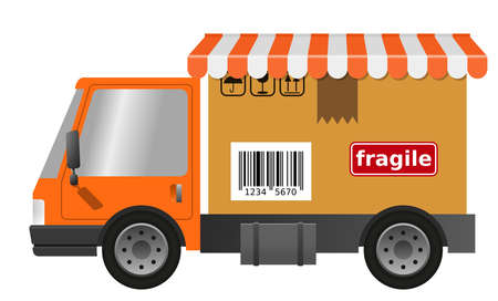 Delivery truck with cardboard box and blind, flat illustrationの写真素材