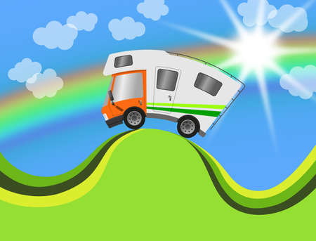 Caravan car confort travel on holiday in landscapeの写真素材