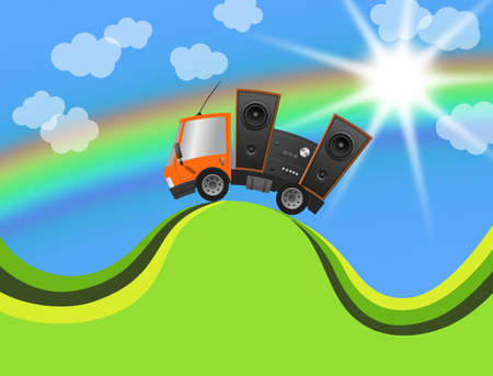 Car and hifi speaker in landscape, illustrationの写真素材