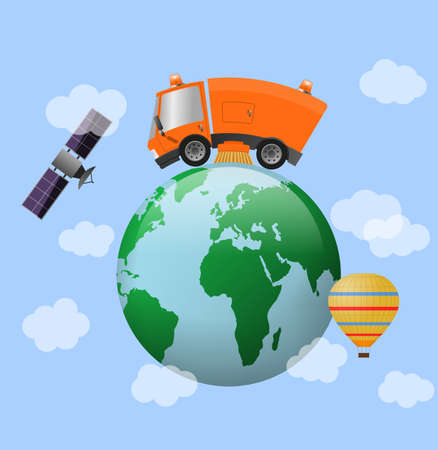 Modern street sweeper truck machine and globe, concept ecology and environmentの写真素材