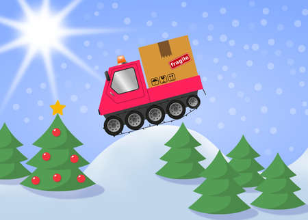 Snowmobile and cardboard box in winter landscape, merry christmas illustrationの写真素材