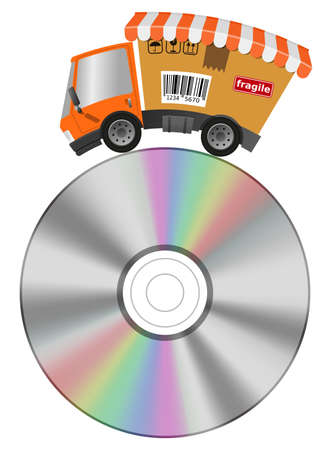 Delivery truck with shop and cd record, concept music businessの写真素材
