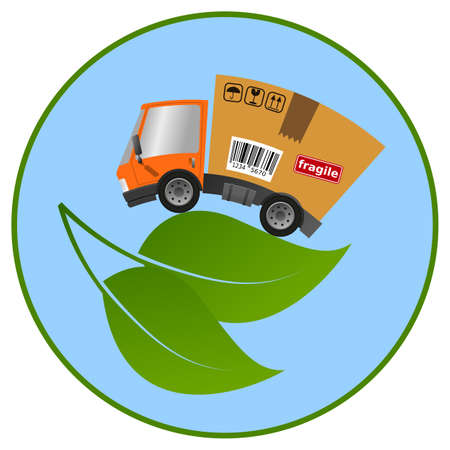 Delivery truck with cardboard box and leaf, concept ecology and environment vector illustrationのイラスト素材