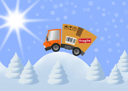Delivery truck with cardboard box speed motion and and winter landscapeの写真素材