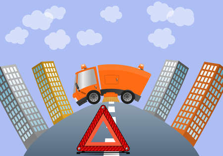 Modern street sweeper truck machine in city and reflector signalの写真素材
