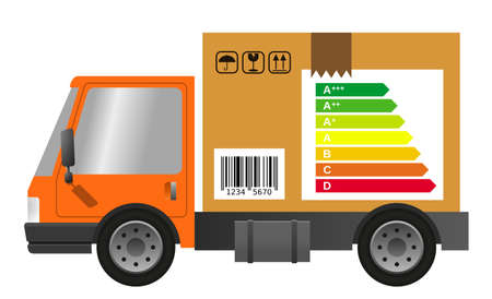 Delivery truck with cardboard box with energy label, vector flat illustrationのイラスト素材