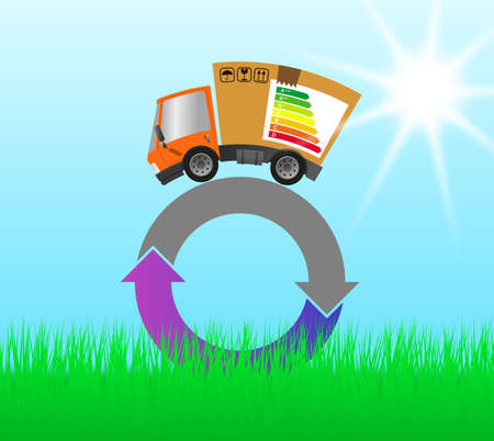 Delivery truck with cardboard box and energy label, concept ecology and environmentの写真素材
